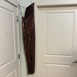 Fashion Nova One Shoulder Dress in Shimmering Brown